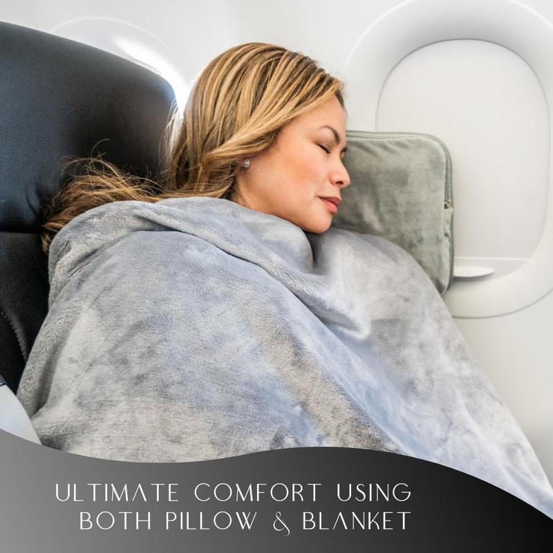 Travellow Travel Pillow and Blanket Set - 4-in-1 Ultimate Travel Kit with Memory Foam Pillow, Travel Blanket, Sleep Mask, and Earplugs-Ultimate Comfort and Coziness for Your Journeys - Grey