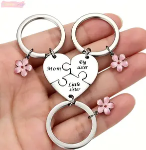 3pcs Mom Big Sister Little Sister Keychain Heart Puzzle Matching Keychains Pink Flower Charm Gift For Mother's Day Birthday And Family Occasions