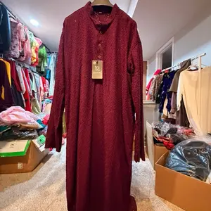 Men’s Designs Maroon Rayon Kurta with Mandarin Collar and Full-Body Detailed Chikankari Embroidery