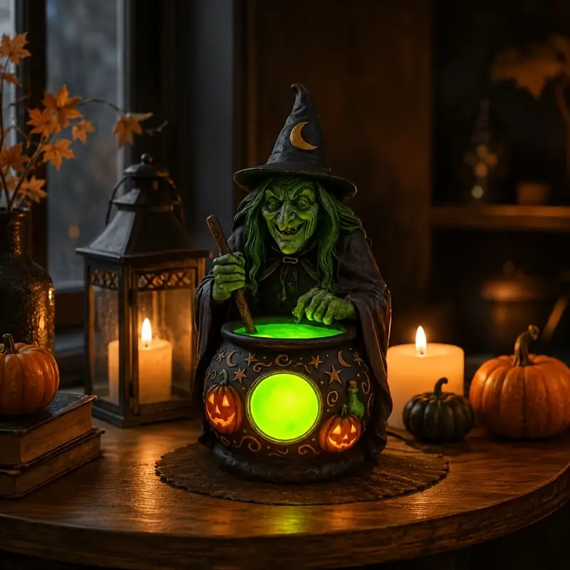 3D Halloween Witch Lamp, Small Resin Statue Of Witch Holding Broom for Halloween, with A Warm-Toned And Whimsical Style, Table Lamp