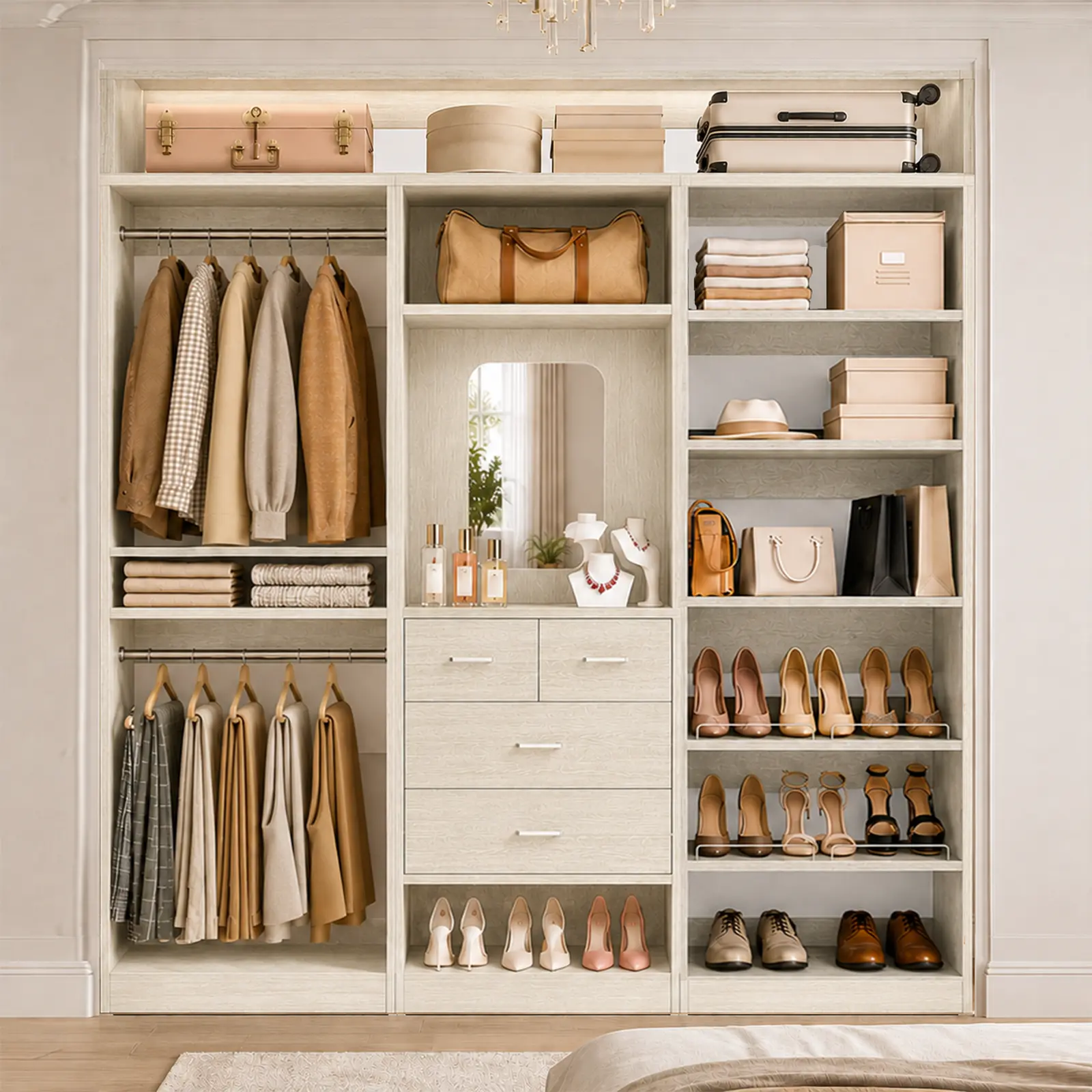 Modern Modular Closet System, Wood Clothes Armoire Walk-in Closet Organizer Wardrobe Cabinet with Drawers and Adjustable Shelves for Bedroom Furniture