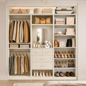 Modern Modular Closet System, Wood Clothes Armoire Walk-in Closet Organizer Wardrobe Cabinet with Drawers and Adjustable Shelves for Bedroom Furniture