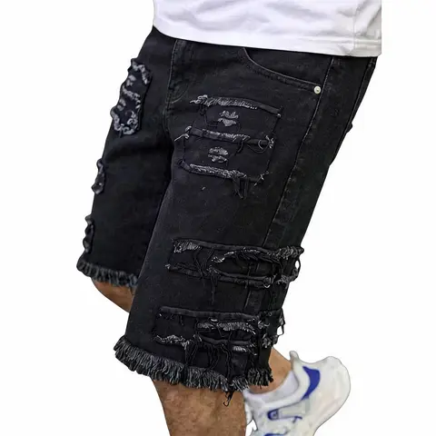 Men’s frayed ripped denim shorts, mid-length (knee-length), straight cut, streetwear distressed look, casual trend