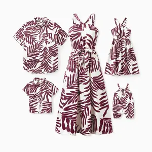 PatPat Family Matching Outfits Red Leaf Print Shirts and Strap Belted Dress for Hawaii/Cruise/Resort/Casual Wear