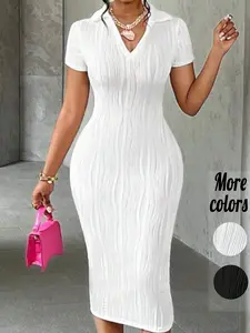 【Plus‑Size】1 Piece Textured Ribbed Polo Collar Short Sleeve Bodycon Midi Dress,Chic Office Casual Style, Slimming Wave‑Textured Fabric & Figure‑Hugging Silhouette, For Curvy Women, Perfect for Workwear, Brunch Dates & Evening Events, Women's Plus‑Size Kni