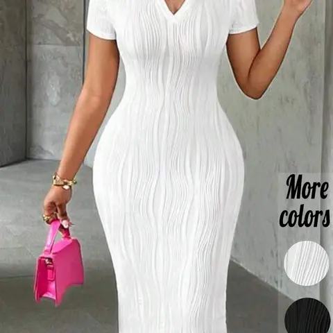 Plus‑Size 1 Piece Textured Ribbed Polo Collar Short Sleeve Bodycon Midi Dress, Office Casual, Summer Style, Slimming Wave‑Textured Fabric & Figure‑Hugging Silhouette, For Curvy Women, For Workwear, Brunch Dresses & Evening Events