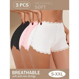 QUASTI 3-Piece Skin Friendly Fit Safety Shorts, Soft & Breathable Fabric Underwear, Unique Small Lace Flat Corner Underwear, Daily Essentials For Sports, Fitness, Dating Girls S-XXL