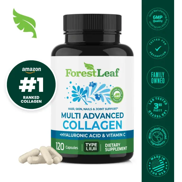 ForestLeaf Multi Collagen Pills with Hyaluronic Acid & Vitamin C - 120 Capsules for Women or Men - Healthcare, Edible, Peptides for Skin