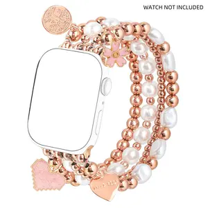 Gold bead bracelet suitable for 38mm 40mm 41mm 42mm 44mm 45mm women's Apple Watch strap, Smart watch accessories, iWatch SE series handmade dress iPhone strap elastic strap heart-shaped pendant strap, women's pearl strap