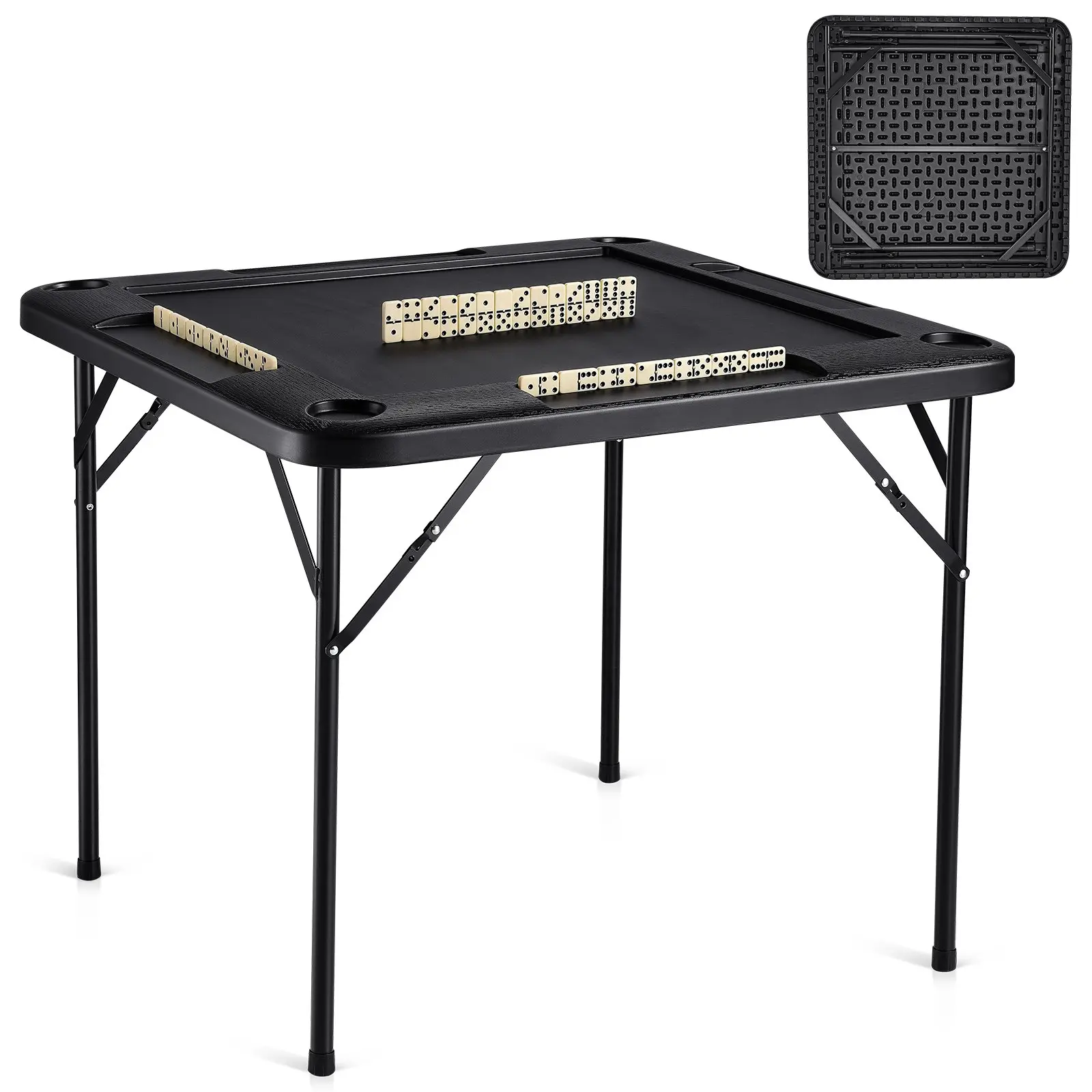 【Summerfinds】VEVOR  Mahjong Table, Square 4 Player Folding Card Table with 4 Cup Holders & 4 Chip Trays, Portable Domino Game Table with 1 Set of Dominoes for Mahjong Poke Puzzles, 35.4 x 35.4-inch, Black, 35.4X35.4"