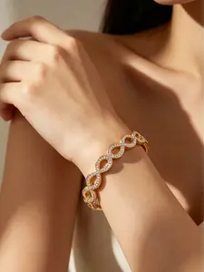 Infinity Pave Rhinestone Bangle, Golden Alloy Hinged Cuff, Eternal Love Romantic Jewelry for Holiday Party & Christmas, Self Care Healing Gift for Women, Daily Sparkle Mood Booster, Stackable Wrist Charm