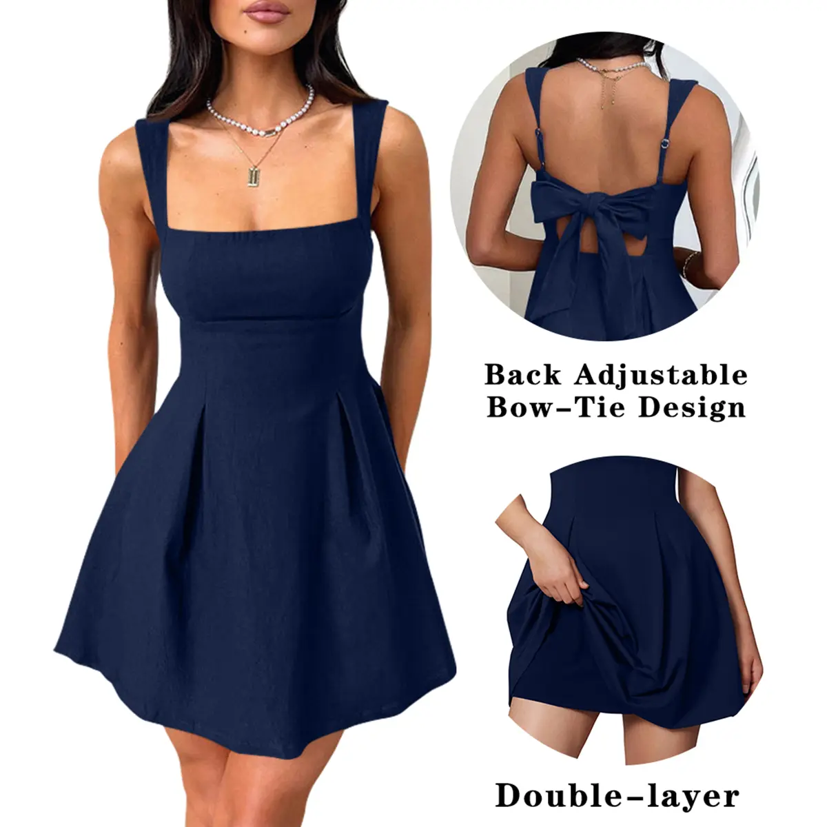 OYS Women's Sexy Sleeveless Square Neck Adjustable Straps Bow Tie A-line Mini Party Club Dress OYS Women's Sexy Sleeveless Square Neck Adjustable Straps Bow Tie A-line Mini Party Club Dress