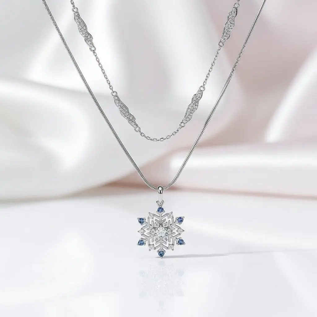 Round Cut Diamond Option Snowflake Double Chain Necklace