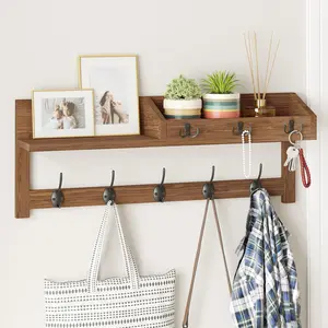 Wall Hooks with Shelf, 26.57 Inch Entryway Wood Coat Hooks for Wall, Wall Mounted Coat Rack with 5 Dual Hooks 3 Key Hooks Mail Organizer and Key Rack Holder (Brown)
