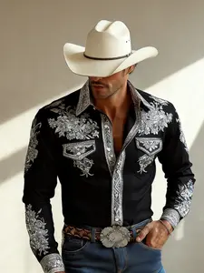 Men's Western Retro Long Sleeve Shirt, Non-Elastic Fabric, Lapel Pocket Design, High-End Feel, Perfect for Jeans Style, Party, Theme Events