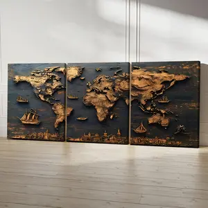 3 Count Wooden Frame Canvas, World Map With Ships, Fantasy Decorations, Modern Art, Valentine'S Day, Christmas And New Year Gift, Home, Room Mural, Office, For Living Room, Bedroom Wall Decor, HD, 8K, Odorless