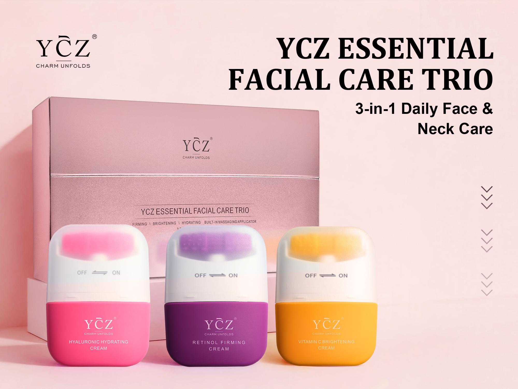 YCZ Essential Facial Care Trio – Retinol, Hyaluronic Acid & Vitamin C Cream Set with Built-In Massager for Face & Neck Firming, Brightening & Hydrating