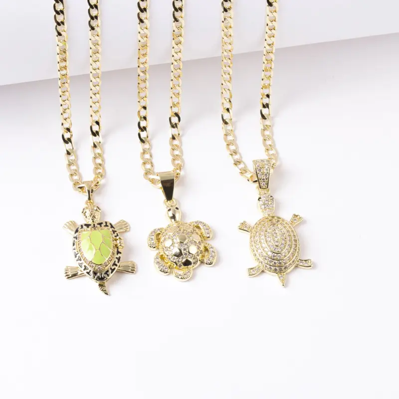 14K Gold Color Turtle Pendant Necklace with CZ Stones, 3mm Cuban Chain, Elegant Unisex Jewelry Gift Link Chain Necklace Necklace Chains