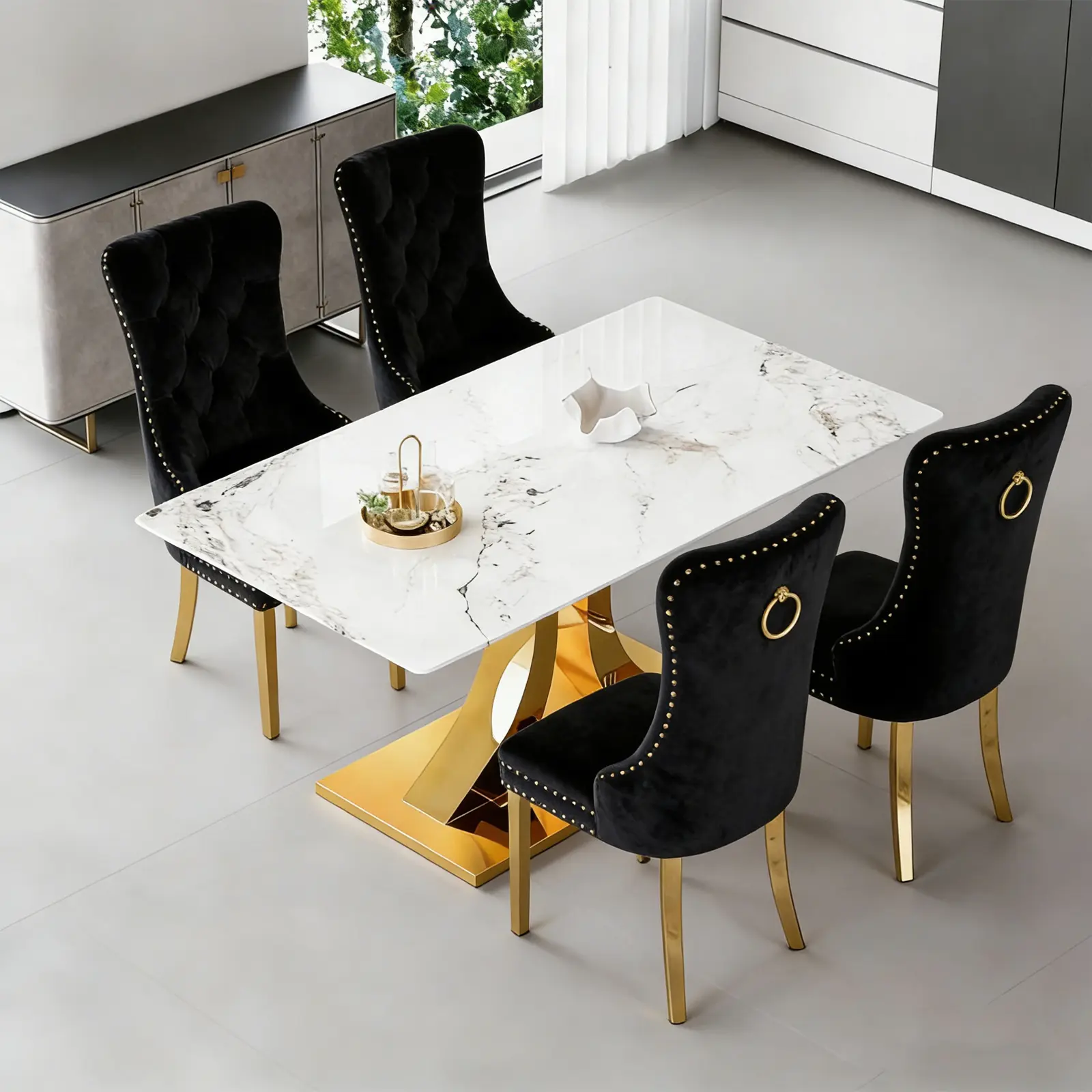 1 Table+4 Black Golden Metal Legs Chairs