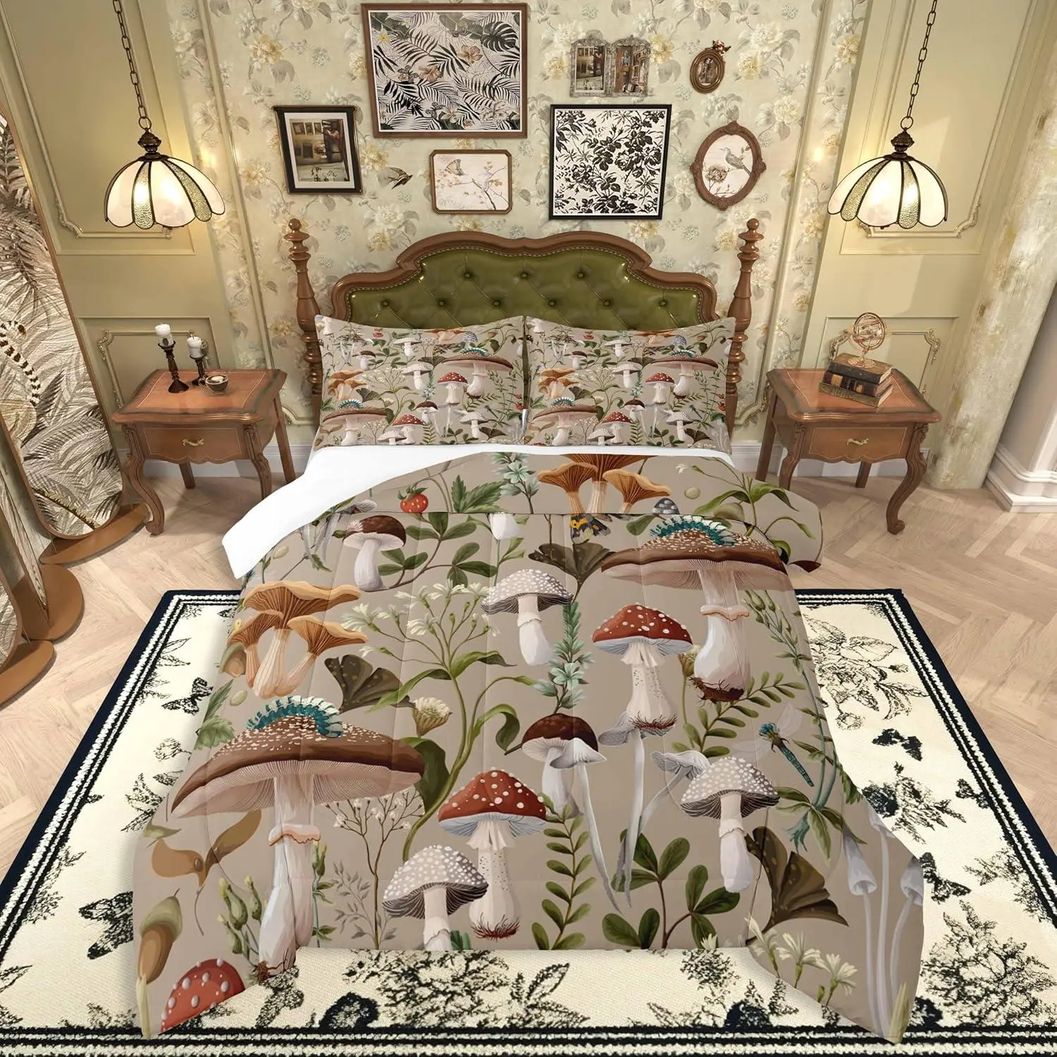 Mushroom Comforter Set,Watercolor Wild Jungle Plants Rustic Style Comforter for Kids Teens Adults Wild Dragonfly Moth Cute Strawberry Bedding Set 1 Comforter