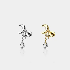 Moon & Star CZ Dangle Cartilage Stud Helix Piercing Stud hidden helix jewelry- Celestial Inspired 316L Stainless Steel 16g Bar with Clear Pear Cut Cubic Zirconia Stones
