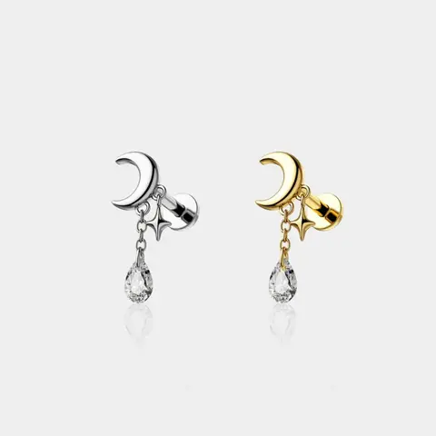 Moon & Star CZ Dangle Cartilage Stud Helix Piercing Stud hidden helix jewelry- Celestial Inspired 316L Stainless Steel 16g Bar with Clear Pear Cut Cubic Zirconia Stones