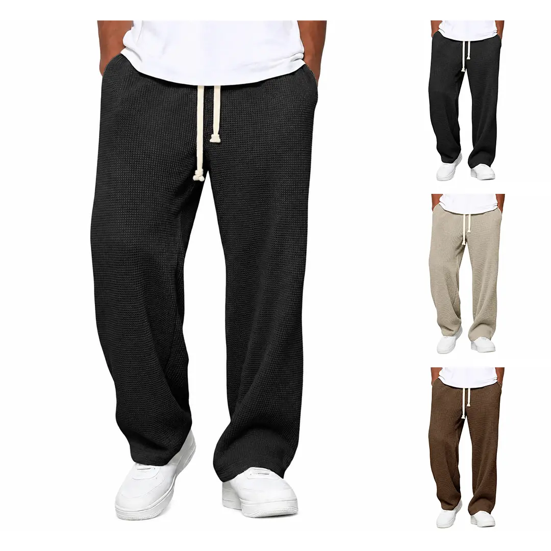 Gihuo 3-Pack Mens Waffle Sweatpants Loose Fit Straight Leg Casual Lounge Pants Lightweight Athletic Joggers with Drawstring & Pockets