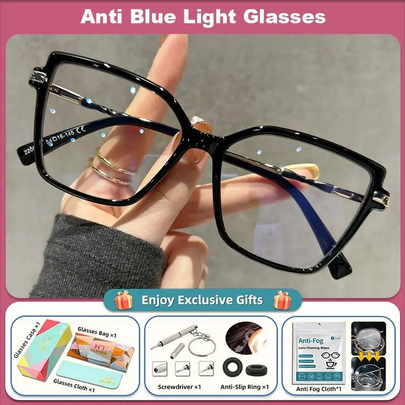 CLLOIO Premium Square Cat Eye Reading Glasses Fashion Women's Large Frame Myopia Glasses Anti Blue Light Prescription Eyeglasses
