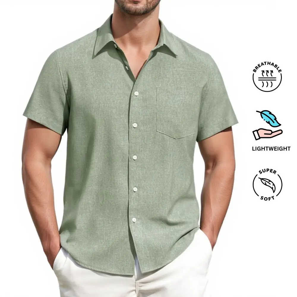 Alimen Men's Linen Shirts Short Sleeve Dress Shirts for Men with Pocket Vacation Beach Summer Party Wedding Casual Button Down Shirts, Lightweight Breathable Comfort Soft Fabric Spread Collar Linen Shirts for Men #FathersDayGift #DealsForYouDays
