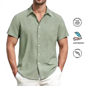 Alimen Men's Linen Shirts Short Sleeve Dress Shirts for Men with Pocket Vacation Beach Summer Party Wedding Casual Button Down Shirts, Lightweight Breathable Comfort Soft Fabric Spread Collar Linen Shirts for Men Summervibes