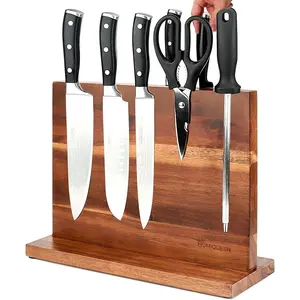 Magnetic Knife Block, Double Sided Magnetic Knife Holder Rack with Strong Enhanced Magnets, Acacia Wood Magnetic Knife Storage Stand with Stainless Steel Finger Protector