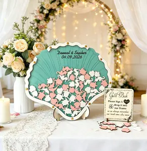 Seashell-shaped wooden wedding guest book set, creative island beach wedding sign-in book and wedding message board
