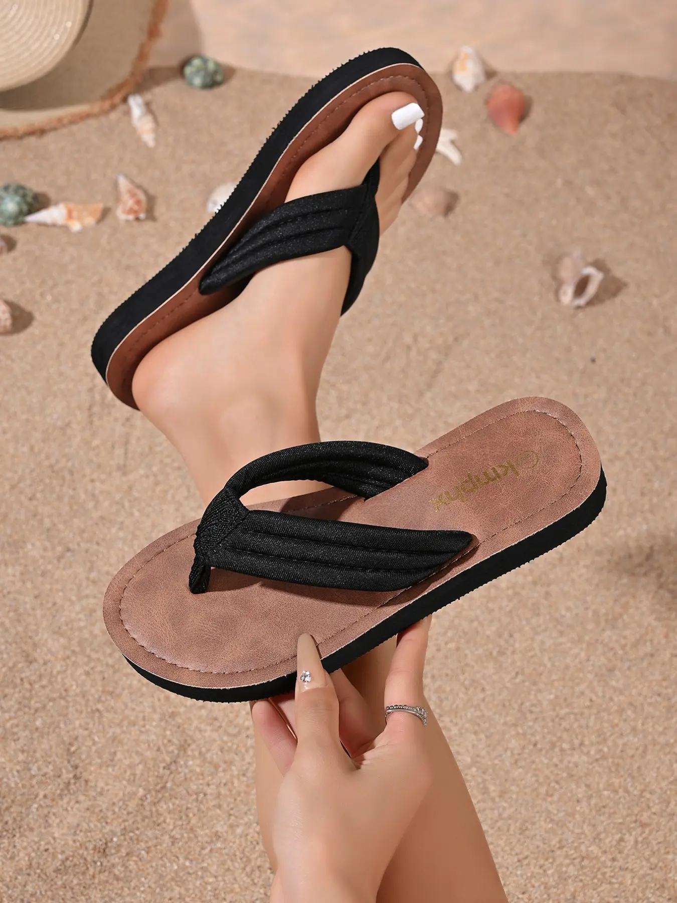 Women's Summer Fashion Woven Rattan Flat Sandals, Casual Beach Slippers with Faux Leather Sole, Textile Upper, Plain Pattern, Footwear For Beach