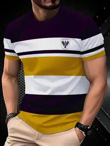 Men's Casual Sports 3D Printed Horizontal Striped Geometric Pattern T-Shirt, Breathable Round Neck, Casual Breathable Sportswear