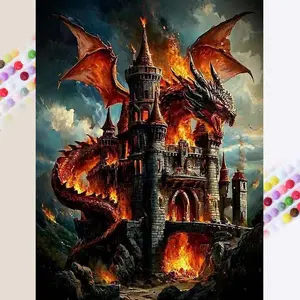1pcs 5D DIY Handmade Diamond Painting Kit, 5D Diamond Art Set, DIY Decoration, Fire Dragon Castle Diamond Painting Kit Full Round Drills DIY, Mosaic, Diamond Art, DIY Art Home Decoration, Handcraft, Suitable for Halloween and Christmas, Handicraft