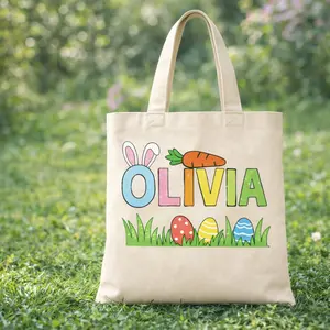Personalized Easter Bunny Canvas Tote Bag, Custom Name Easter Bag, Bunny Easter Bunny Bag