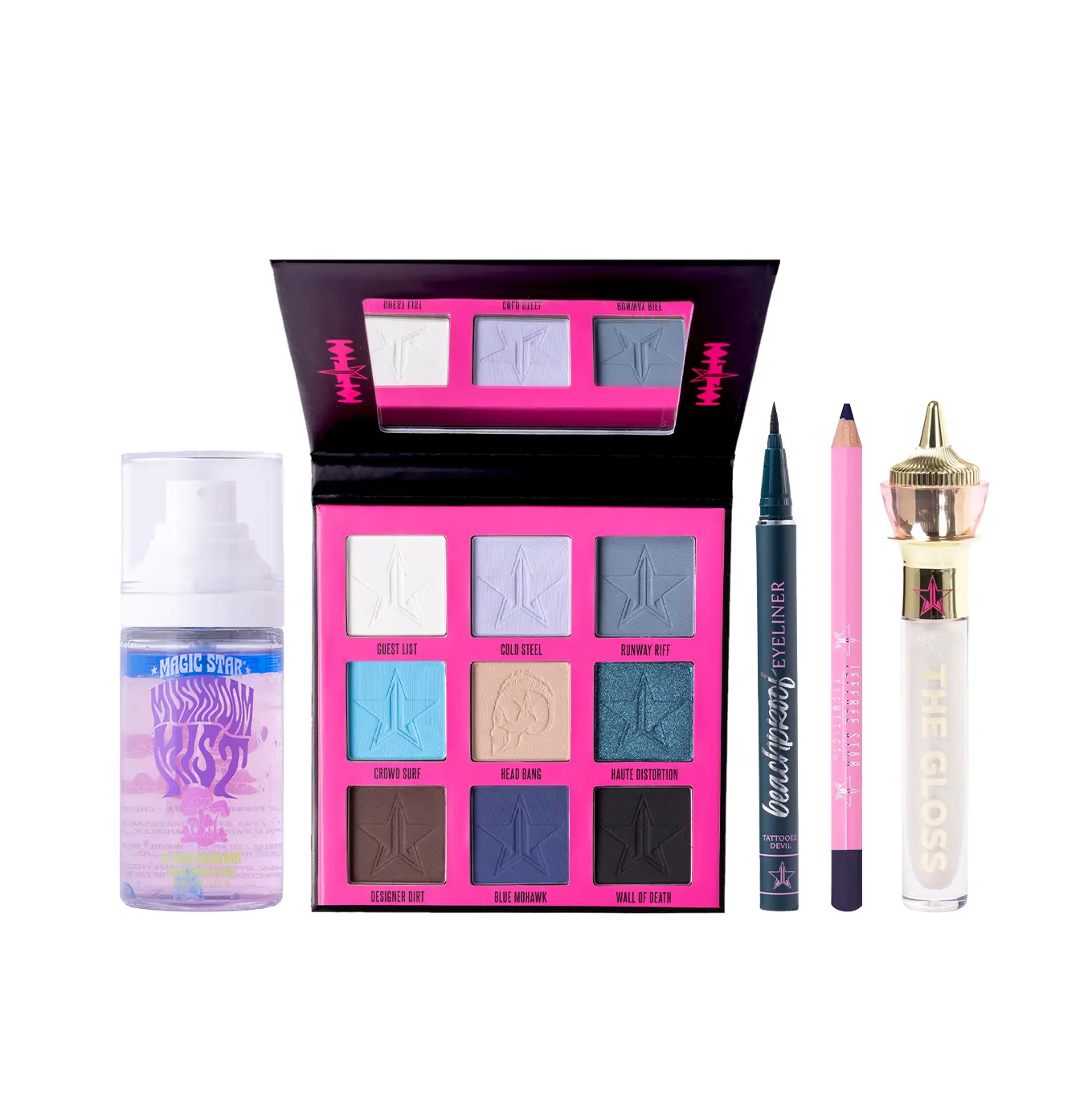 Rebel Royalty Bundle - Magic Star Mushroom Mist, Heavy Metal Couture 9-Pan Palette, BeachProof Eyeliner 'Tattooed Devil', Velour Lip Liner 'Ocean Deep', The Gloss 'Heavens Gate' Rebel Royalty Bundle - Magic Star Mushroom Mist, Heavy Metal Couture 9-Pan Palette, BeachProof Eyeliner 'Tattooed Devil', Velour Lip Liner 'Ocean Deep', The Gloss 'Heavens Gate'