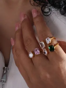 Elegant Women's Ring with Colorful Zircon Crystal, Stainless Steel Gold Plated Jewelry, Creative Design, Perfect Gift Idea