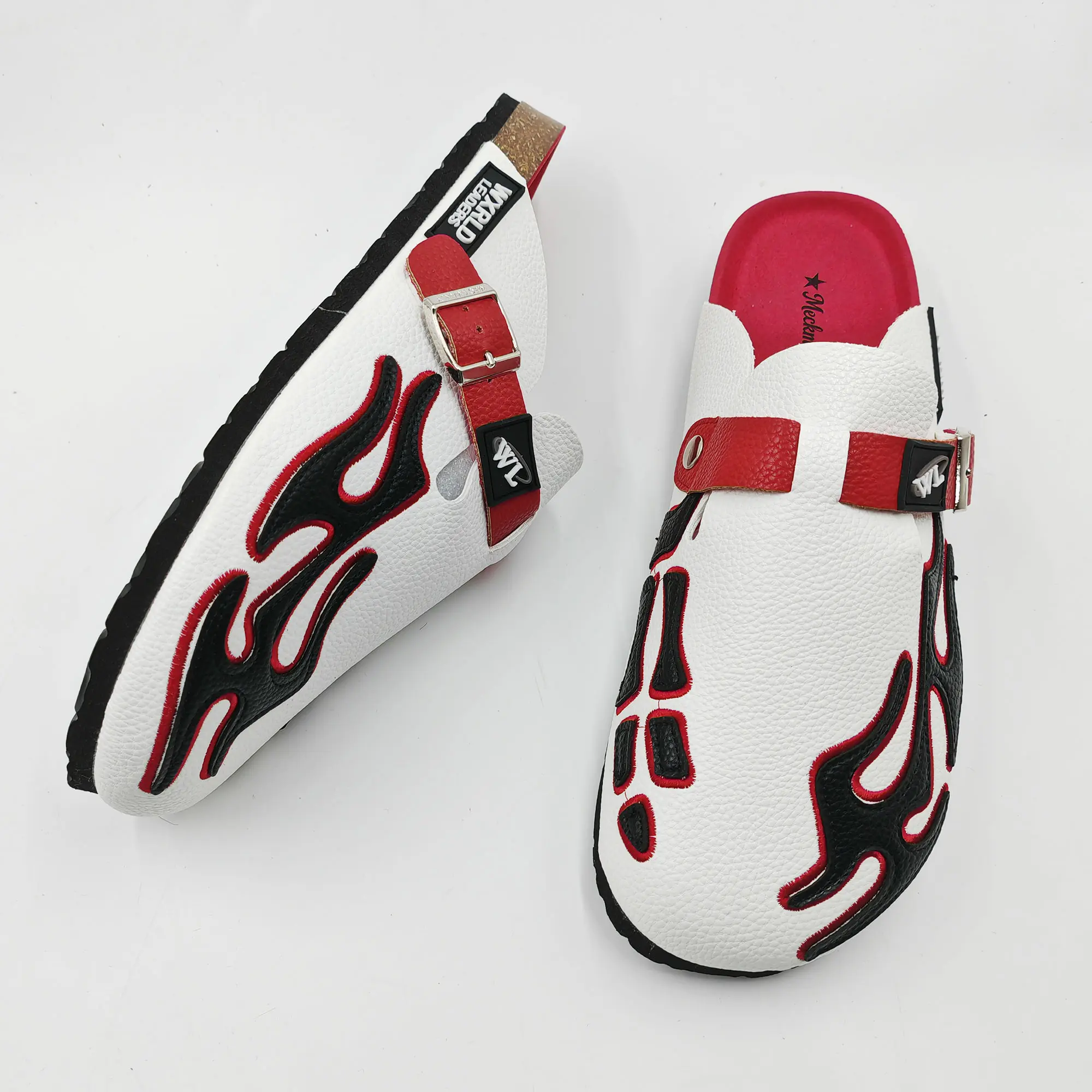Meckmanly Leather Embroidery White Clogs Flame Slip-On Mules Casual Walking Shoes Breathable Street Style for Men