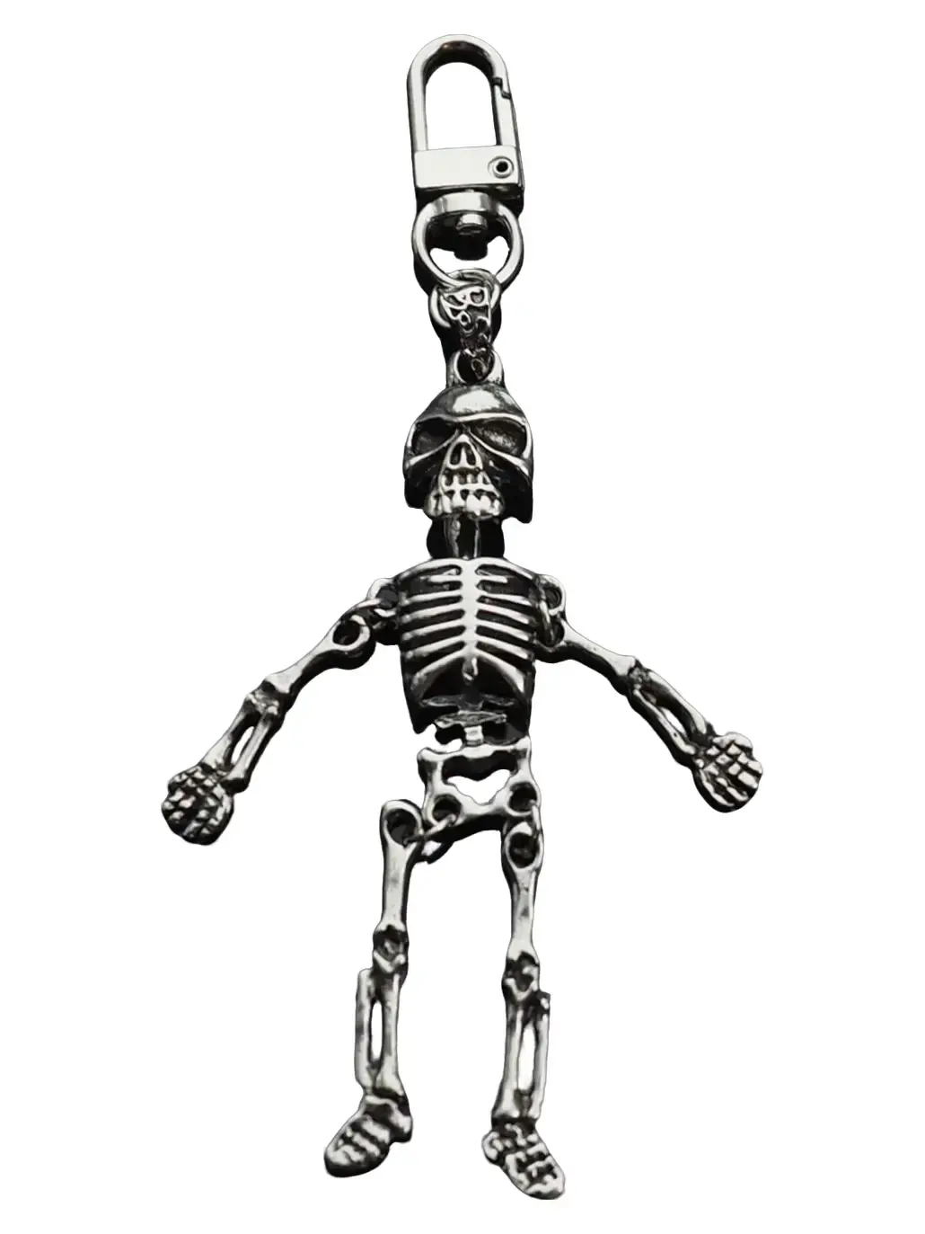 Vintage Silver Jointed Skeleton Bones Skull Charm Pendant Key Ring Clip Gift