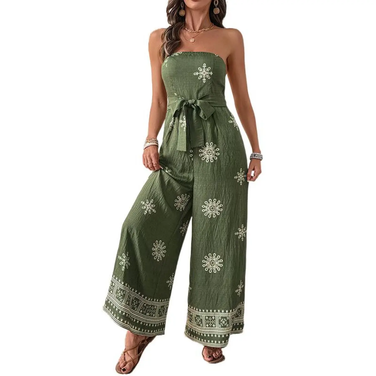Women's Strapless Sleeveless Green Printed Comfortable Jumpsuit - Lightweight, Flowy, Fitted Feminine Overalls, Bohemian Style Statement Winter Wear, One Piece