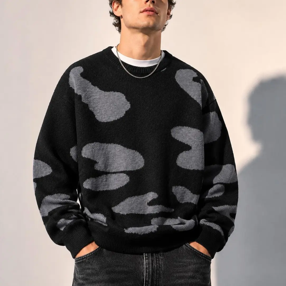 Men's Casual Camouflage Graphic Crewneck Knitwear, Long-Sleeves Soft Loose Knit Pullover, Stylish Relaxed-Fit Lightweight Menswear Top for Fall Winter, Crew Neck, Round Neck, Cute, Chic, Graphic Knitwear, Korean, Long Sleeve, Light Gray, Polyester