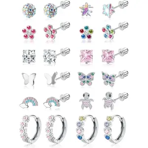 Hypoallergenic Surgical Stainless Steel Earrings for Girls Kids Women - 12 Pair Screw Back Earrings for Sensitive Ears Cute Flower Butterfly Toddler Stud Hoop Earrings Screwback Girl Earrings