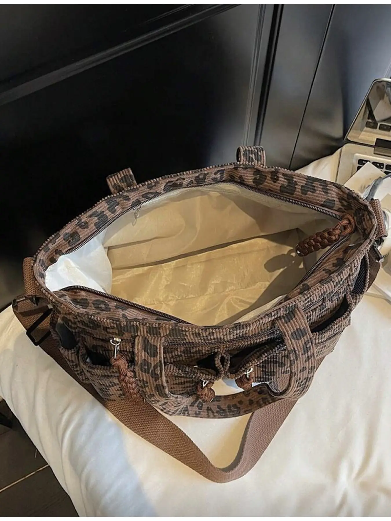 Women Leopard Print Corduroy Handbag Corduroy Tote Bag Fashionable