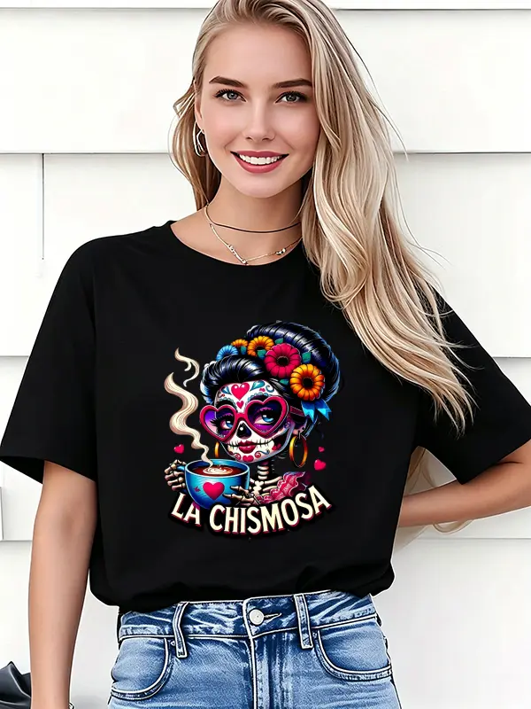Women's All-Style Catrina Sugar Skull Short Sleeve Tops, Floral Día De Los Muertos Graphic Tees Mix, White & Black Color Options for Daily Wear & Halloween Fiesta