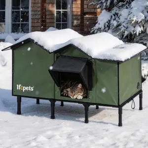 LFC PETS Extra-Wide Outdoor Cat House, Weatherproof Kitty Shelter for Multiple Feral Cats, Water-Resistant Outside Pet House with Easy Assembly, Green
