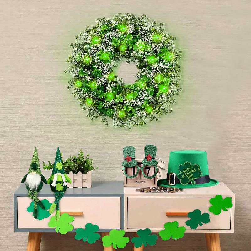 St. Patrick's Day 17.7’’ Shamrocks Wreath with 30 Green Lights Artificial Greenery Clover Wreath for Wall, Window, and Indoor Home Decor Ornaments Decoration Deer