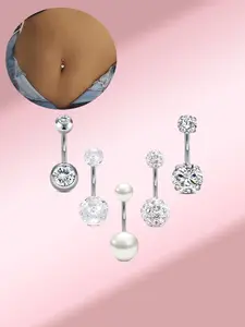 Stainless Steel Cz Belly Ring Set, 5 Counts Navel Piercing Jewelry, Belly Button Jewelry, Elegant Design for Women and Girls, Perfect Gift for Holidays