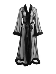 THICK THIGH TRIBE Women's Black Lace Gown Kimono Robe with Fur Long Sleeve See-Through Floor-Length Elegant Satin Robe for Weddings Honeymoons & Nightwear