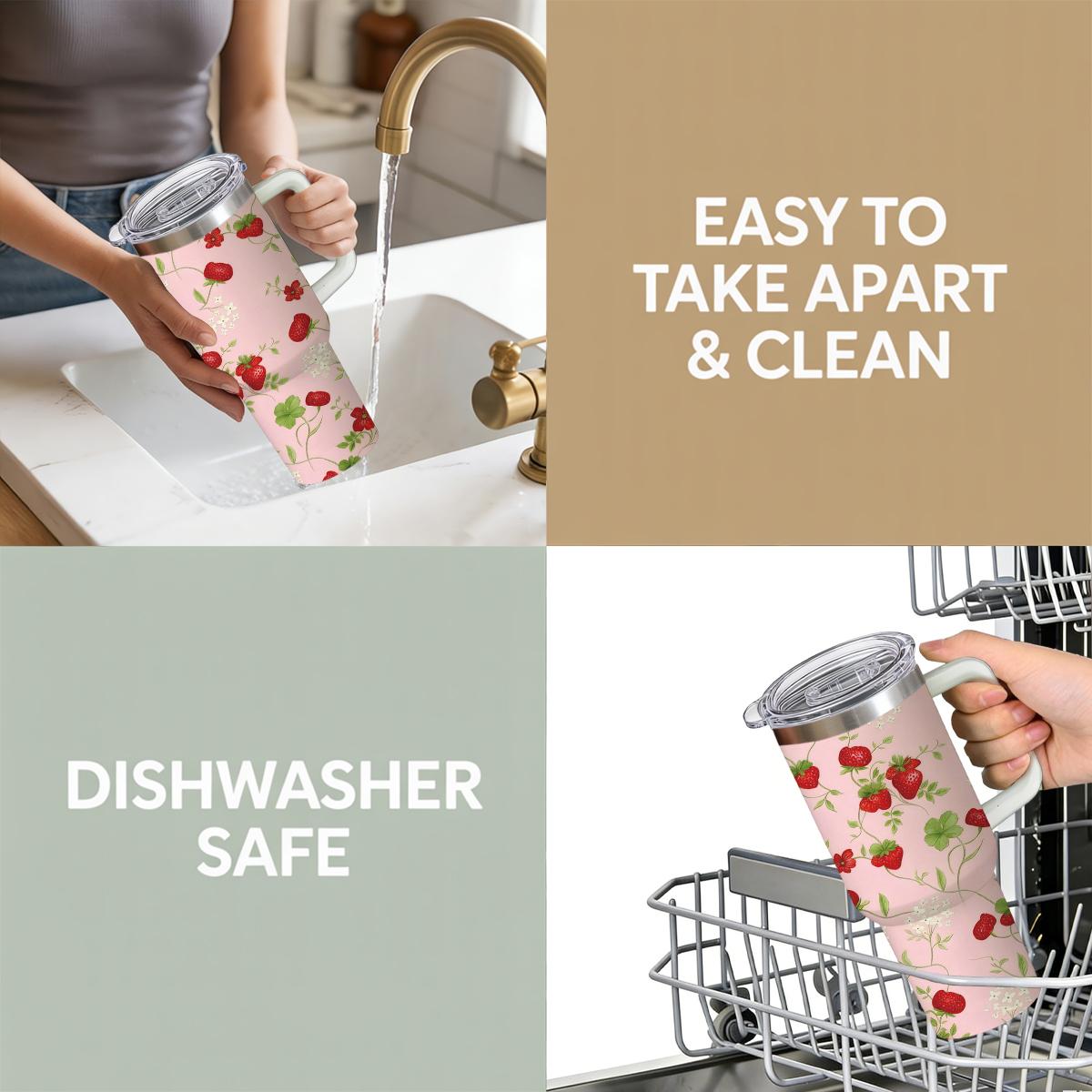 30 oz Sweet Strawberry Insulated Tumbler, Pastel Pink Travel Mug with Vintage Berry & Floral Print, Comfort Handle & Straw, Strawberry Girl Aesthetic Water Bottle, Perfect Gift for Her